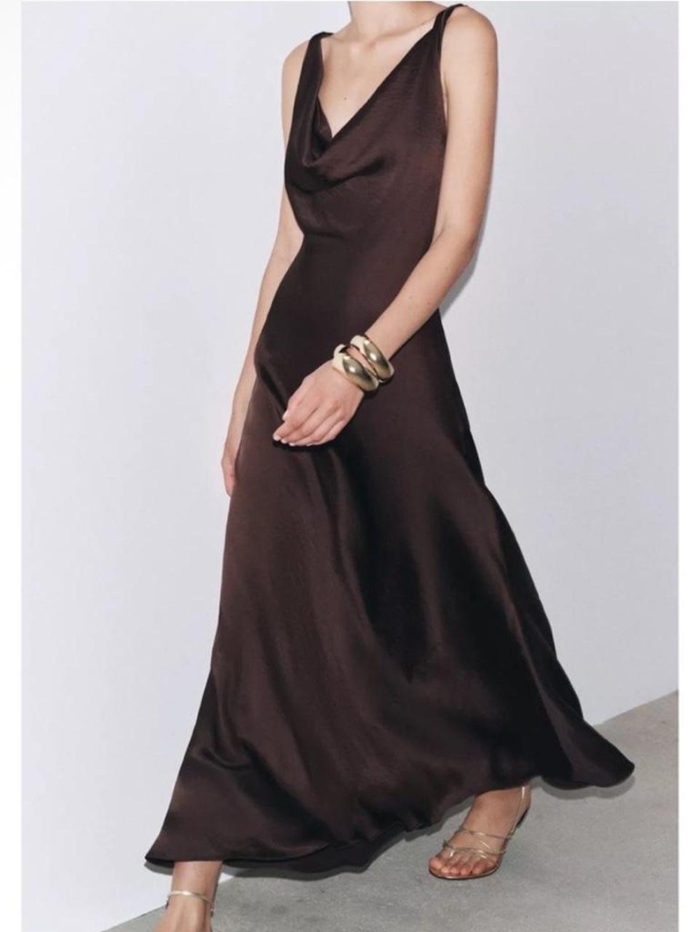 Zara Brown Satin Cowl Maxi Dress